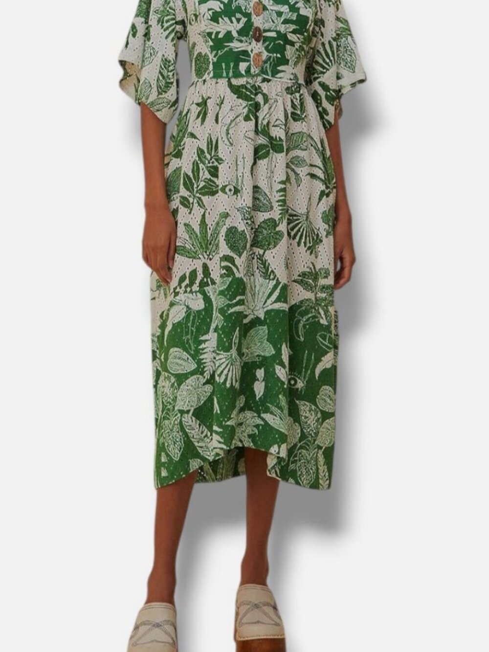Farm Rio Women's Green Forest Soul Short Sleeve Midi Dress Size S